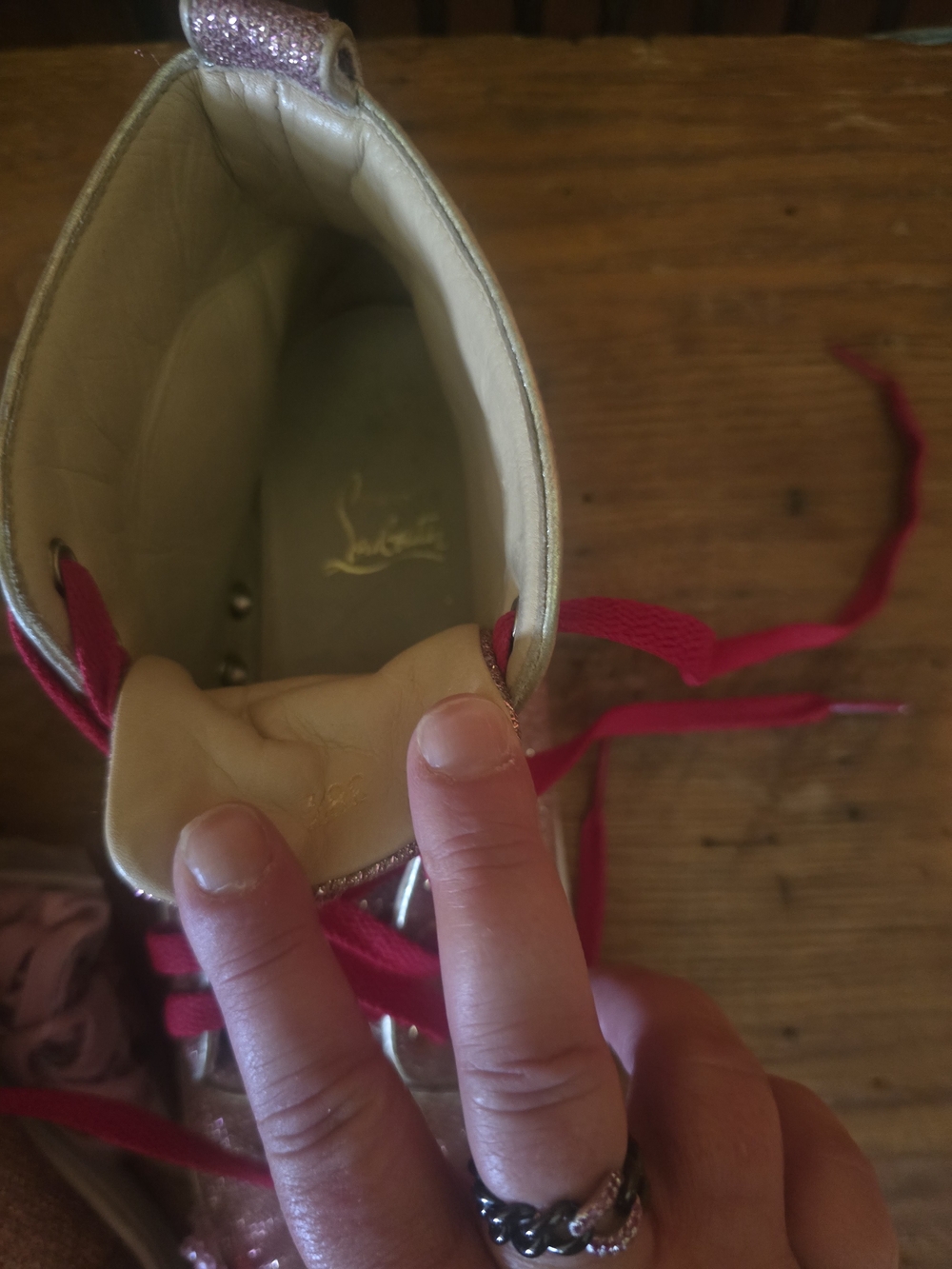 Christian Louboutin Sparkly Pink High Top Sneakers with Hot Pink Laces - Picture 14 of 16